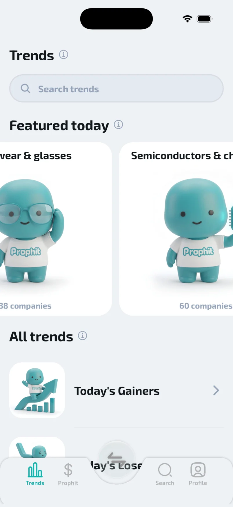 Prophit Trends tab with featured ideas and the full trend list